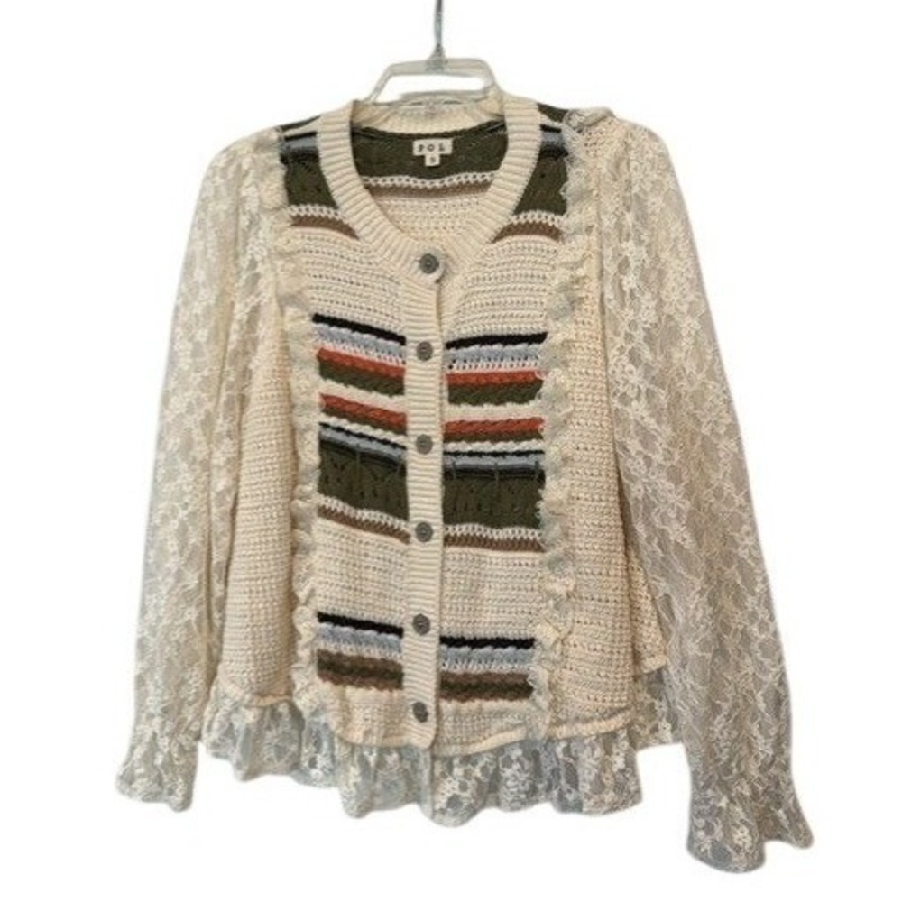 POL Crochet Lace Cardigan Sweater Small Cream Boho Cottagecore Button Front